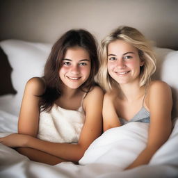 Two pretty 20-year-old girls with messy brunette and blonde hair, lying in bed