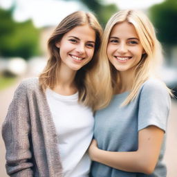 A realistic image of two pretty sisters, one brunette and one blonde, both around 20 years old