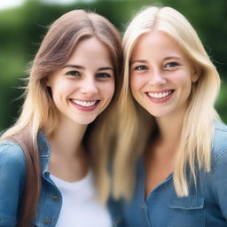 A realistic image of two pretty sisters, one brunette and one blonde, both around 20 years old