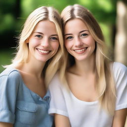 A realistic image of two pretty sisters, one brunette and one blonde, both around 20 years old