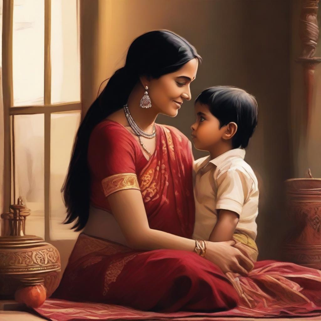 A romantic scene featuring an Indian mother and her son, depicted with a warm and affectionate atmosphere