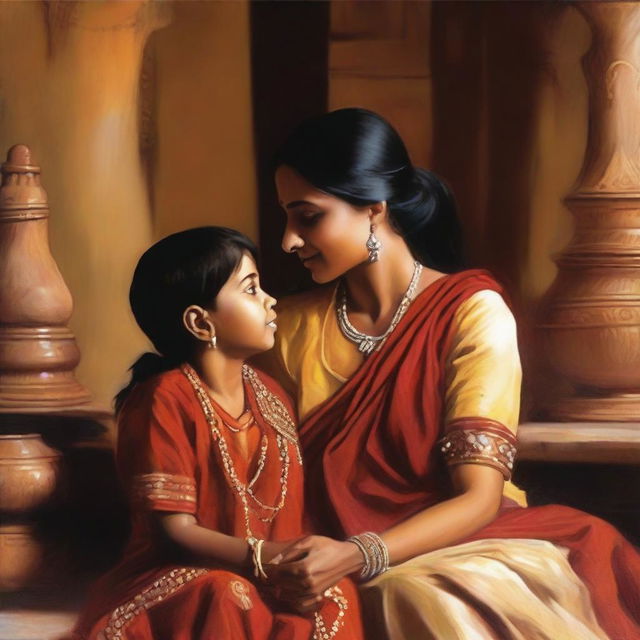 A romantic scene featuring an Indian mother and her son, depicted with a warm and affectionate atmosphere