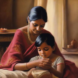 A romantic scene featuring an Indian mother and her son, depicted with a warm and affectionate atmosphere