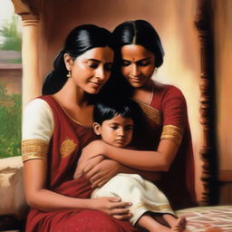 A romantic scene featuring an Indian mother and her son, depicted with a warm and affectionate atmosphere