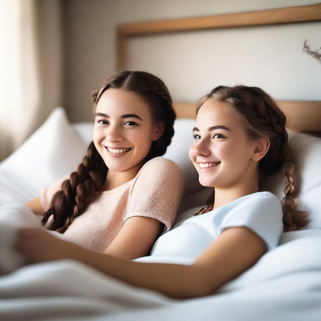 A photorealistic image of happy 20-year-old girls with braided hair, casually relaxing in bed