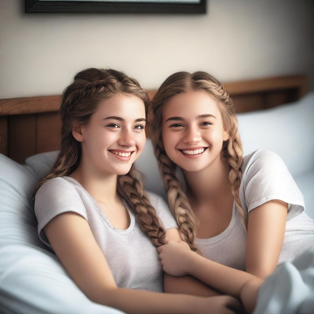 A photorealistic image of happy 20-year-old girls with braided hair, casually relaxing in bed