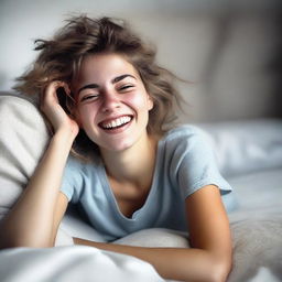 A photorealistic image of a happy 20-year-old girl with messy hair, lying in bed with an open mouth smile