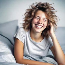 A photorealistic image of a happy 20-year-old girl with messy hair, lying in bed with an open mouth smile