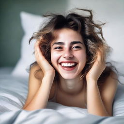 A photorealistic image of a happy 20-year-old girl with messy hair, lying in bed with an open mouth smile