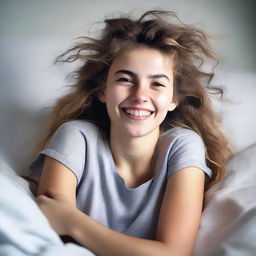 A photorealistic image of a happy 20-year-old girl with messy hair, lying in bed with an open mouth smile