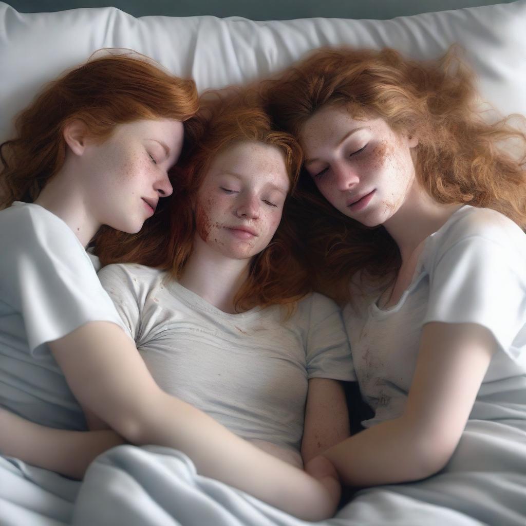 A photorealistic image of three 20-year-old girls with messy brunette, blonde, and ginger hair, lying in bed casually