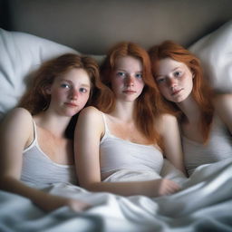 A photorealistic image of three 20-year-old girls with messy brunette, blonde, and ginger hair, lying in bed casually