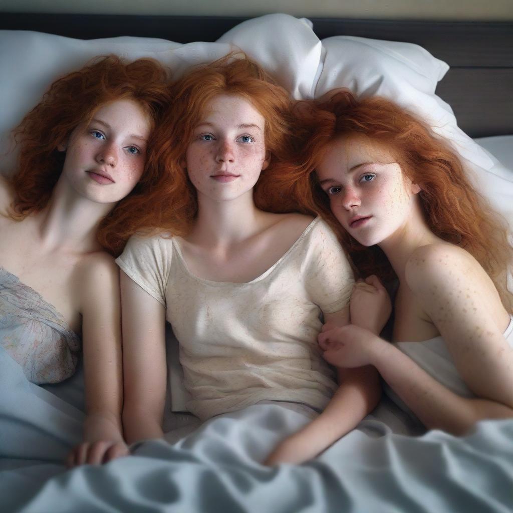 A photorealistic image of three 20-year-old girls with messy brunette, blonde, and ginger hair, lying in bed casually