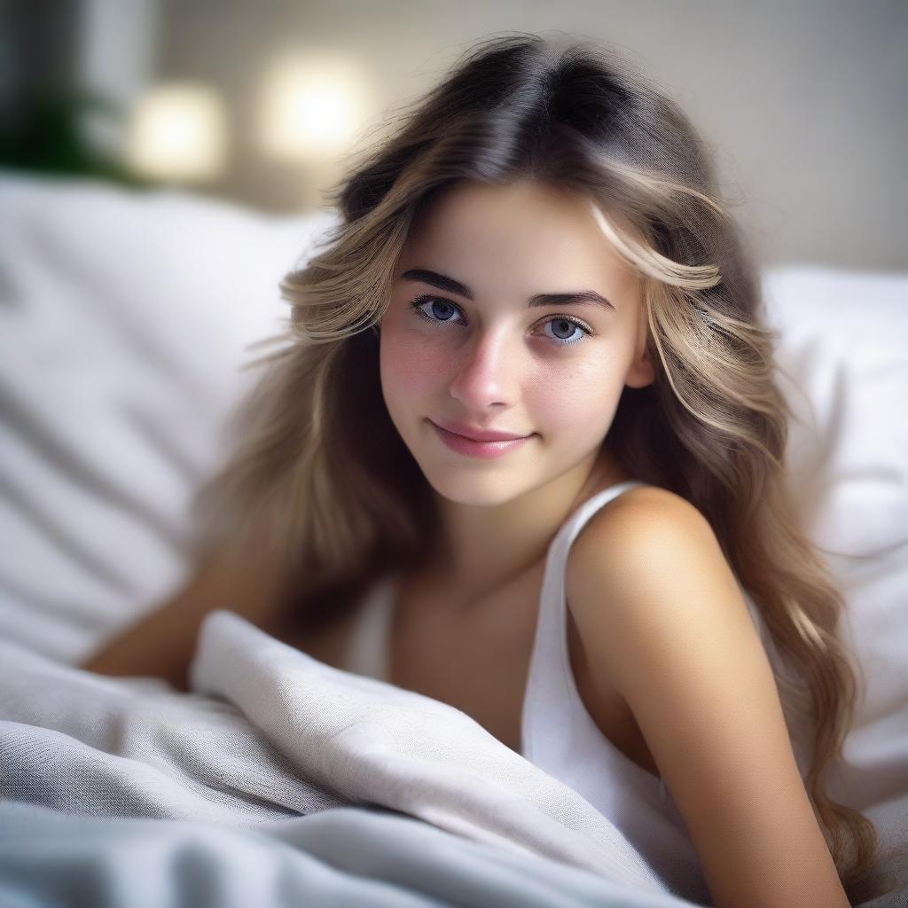 Create a photorealistic image of a pretty 20-year-old girl in bed with messy brunette and blonde hair