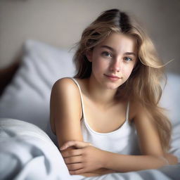 Create a photorealistic image of a pretty 20-year-old girl in bed with messy brunette and blonde hair