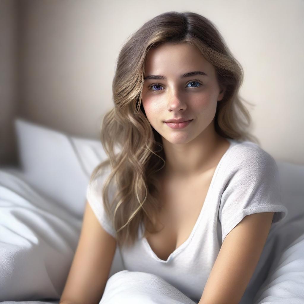 Create a photorealistic image of a pretty 20-year-old girl in bed with messy brunette and blonde hair