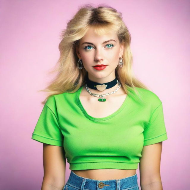 A young woman from the 1990s with blonde hair and green eyes