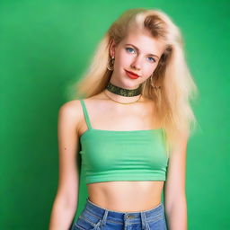 A young woman from the 1990s with blonde hair and green eyes