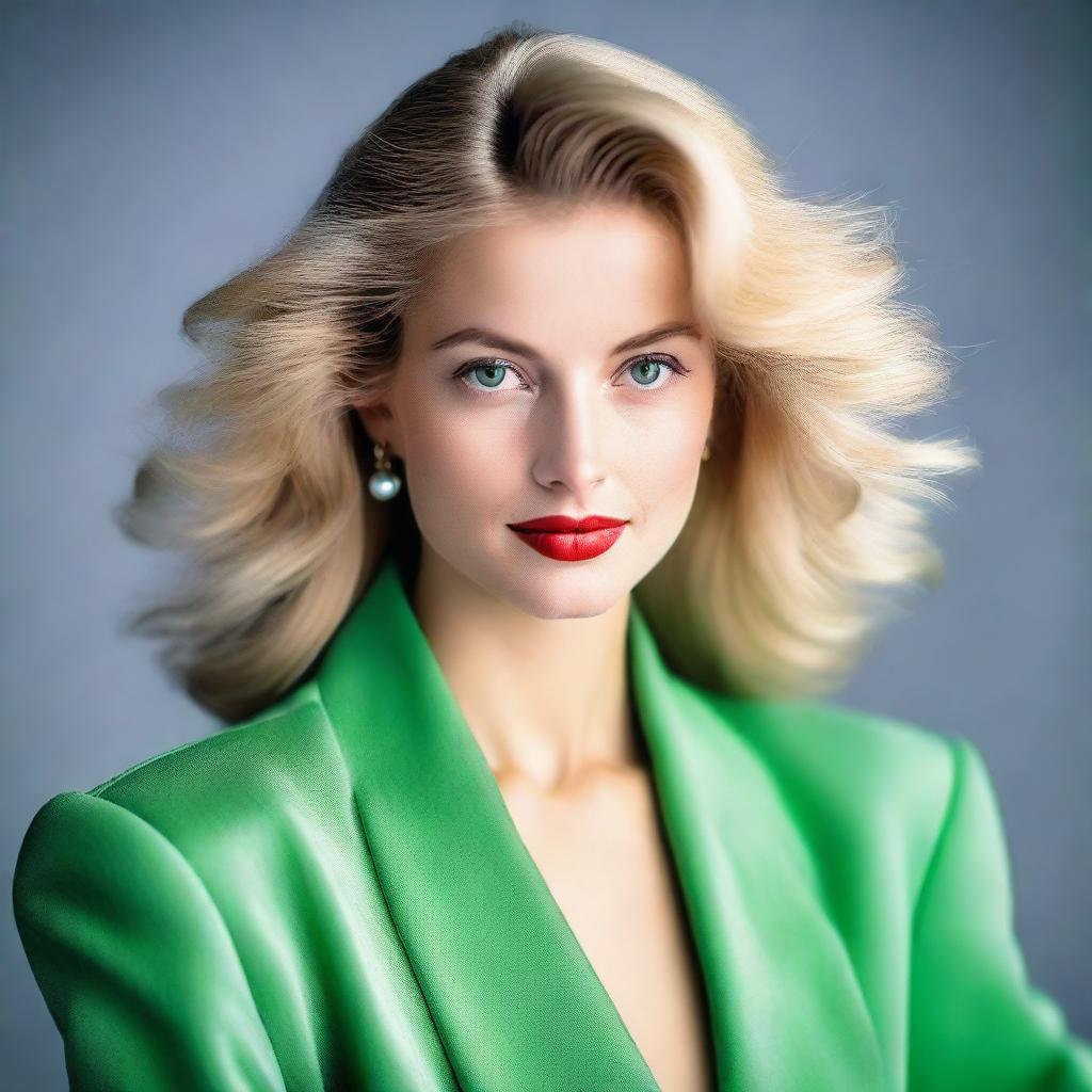 A young elegant woman from the 1990s with blonde hair and green eyes, dressed in fashionable attire from that era