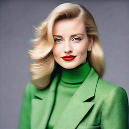 A young elegant woman from the 1990s with blonde hair and green eyes, dressed in fashionable attire from that era