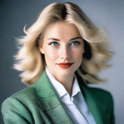 A young elegant woman from the 1990s with blonde hair and green eyes, dressed in fashionable attire from that era