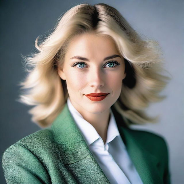 A young elegant woman from the 1990s with blonde hair and green eyes, dressed in fashionable attire from that era