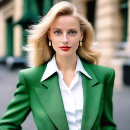 A young elegant woman from the 1990s with blonde hair and green eyes, dressed in fashionable attire from that era