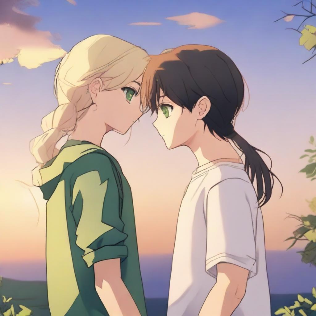 A young blonde-haired girl with green eyes and a young dark-haired boy with black eyes, in love