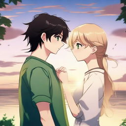 A young blonde-haired girl with green eyes and a young dark-haired boy with black eyes, in love