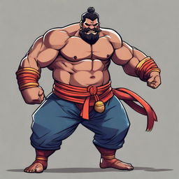 A 2D DnD character resembling a bulky South Indian Kalari fighter version of Ma Dong-seok