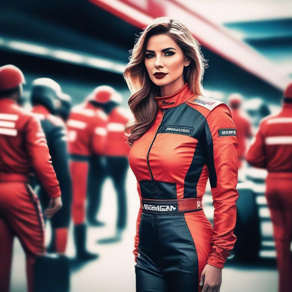 A glamorous woman standing in a Formula 1 pit stop area, wearing a stylish racing outfit