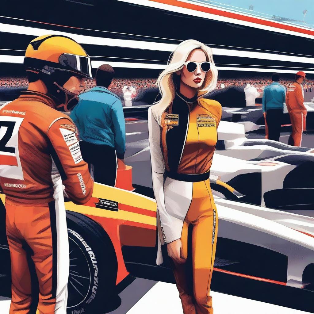 A glamorous woman standing in a Formula 1 pit stop area, wearing a stylish racing outfit