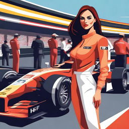 A glamorous woman standing in a Formula 1 pit stop area, wearing a stylish racing outfit