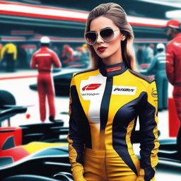 A glamorous woman standing in a Formula 1 pit stop area, wearing a stylish racing outfit