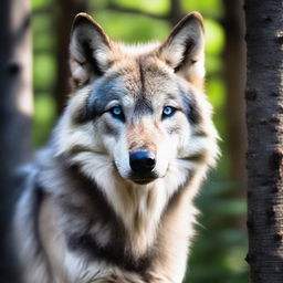 Astra is a silver-gray furred wolf with intense blue eyes, standing majestically in a forest