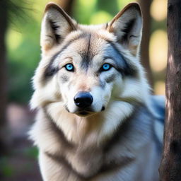 Astra is a silver-gray furred wolf with intense blue eyes, standing majestically in a forest