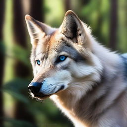 Astra is a silver-gray furred wolf with intense blue eyes, standing majestically in a forest