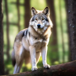 Astra is a silver-gray furred wolf with intense blue eyes, standing majestically in a forest