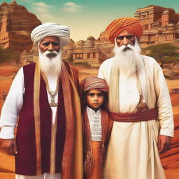 Create a film poster featuring an old man around 65 years old, a young man around 28 years old, and a small boy around 15 years old