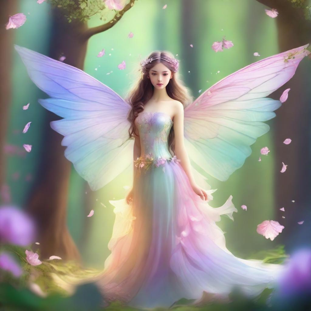 A beautiful fairy with delicate bird wings, standing in an enchanting forest