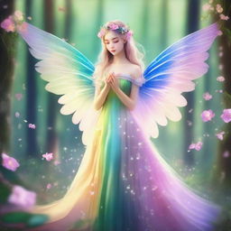 A beautiful fairy with delicate bird wings, standing in an enchanting forest