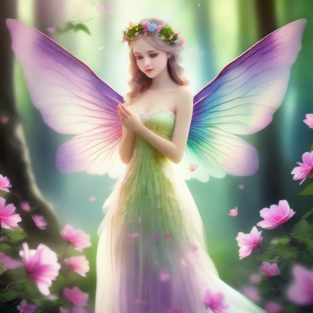 A beautiful fairy with delicate bird wings, standing in an enchanting forest