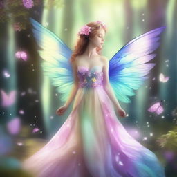 A beautiful fairy with delicate bird wings, standing in an enchanting forest