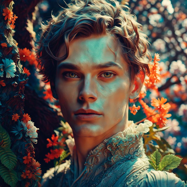 Intense close-up of androgynous Russian man's detailed face in vibrant, mystical forest with Rococo vibes and flower aesthetic in hyper-realistic 3D photography.