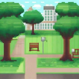 Create a detailed pixel art scene of a city park