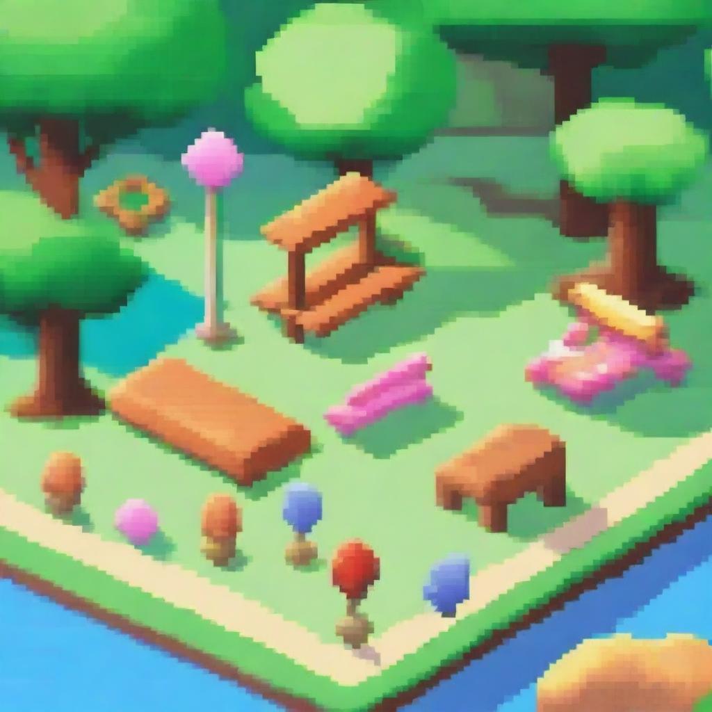 Create an image of a vibrant and fun park scene rendered in pixel art style