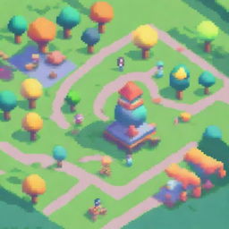 Create an image of a vibrant and fun park scene rendered in pixel art style