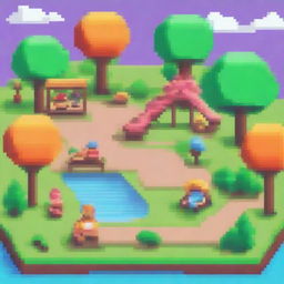 Create an image of a vibrant and fun park scene rendered in pixel art style