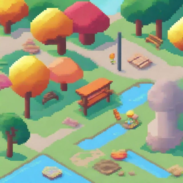 Create an image of a vibrant and fun park scene rendered in pixel art style