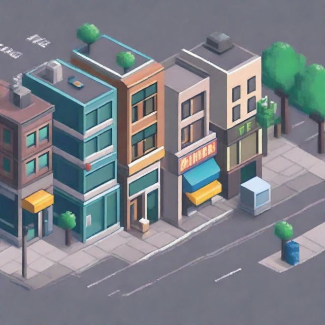 Create an image of a bustling city street from a front view in pixel art style